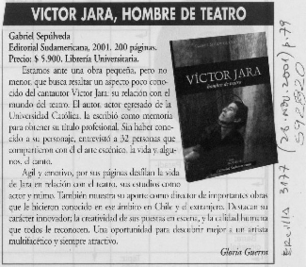 Víctor Jara, hombre de teatro  [artículo] Gloria Guerra