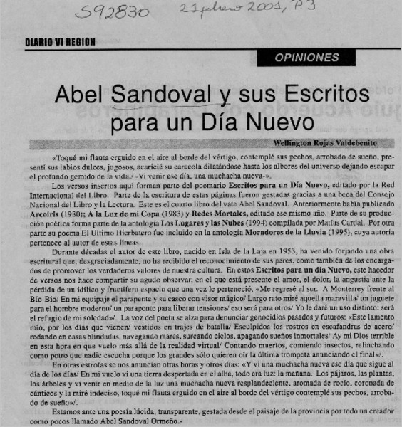 Abel Sandoval y sus Escritos para un día nuevo  [artículo] Wellington Rojas Valdebenito
