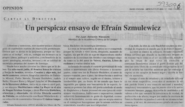 Un perspicaz ensayo de Efraín Szmulewicz  [artículo] Juan Antonio Massone