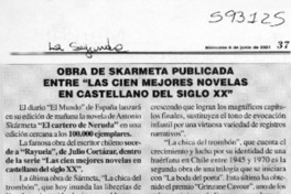 Obra de Skármeta publicada entre "las cien mejores novelas en castellano del siglo XX"  [artículo]