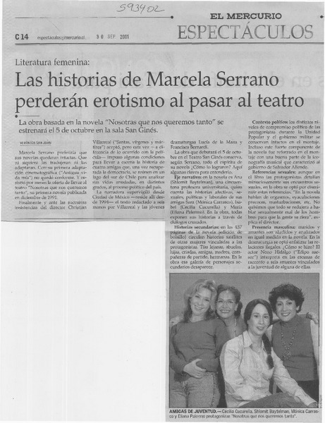 Las historias de Marcela Serrano perderán erotismo al pasar al teatro  [artículo] Verónica San Juan