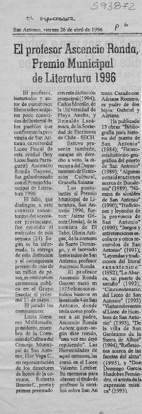 El profesor Ascencio Ronda, Premio Municipal de Literatura 1996  [artículo]