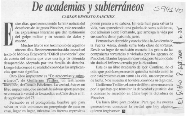 De academias y subterráneos  [artículo] Carlos Ernesto Sánchez