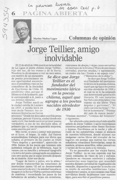 Jorge Teillier, amigo inolvidable  [artículo] Marino Muñoz Lagos