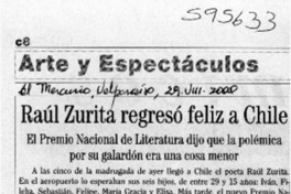 Raúl Zurita regresó feliz a Chile  [artículo]