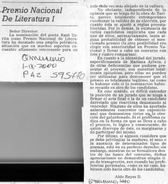 Premio Nacional de Literatura I  [artículo] Aldo Reyes D.