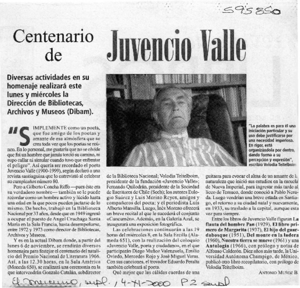 Centenario de Juvencio Valle  [artículo] Antonio Muñoz B.