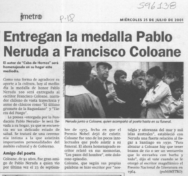Entregan la medalla Pablo Neruda a Francisco Coloane  [artículo]