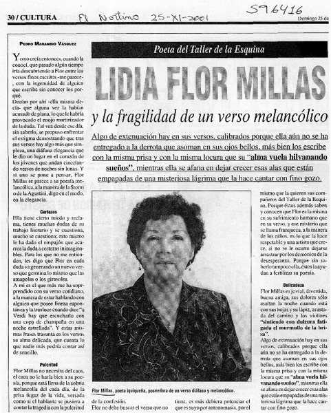 Lidia Flor Millas y la fragilidad de un verso melancólico  [artículo] Pedro Marambio Vásquez