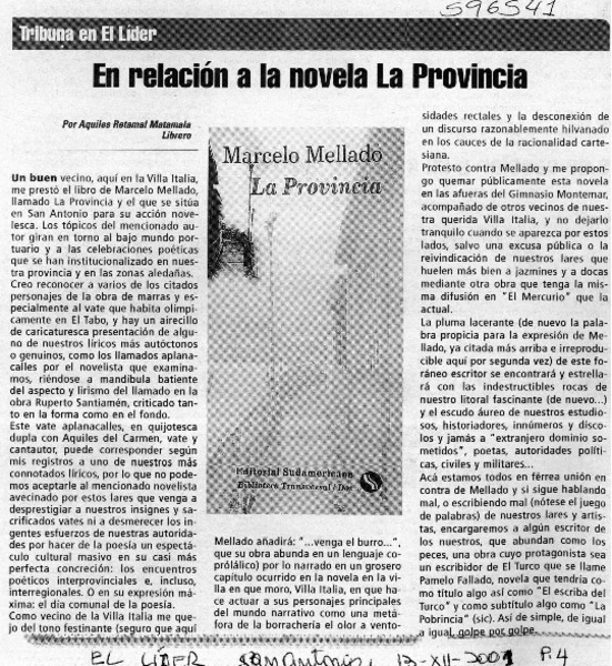 En relación a la novela La Provincia  [artículo] Aquiles Retamal Matamala