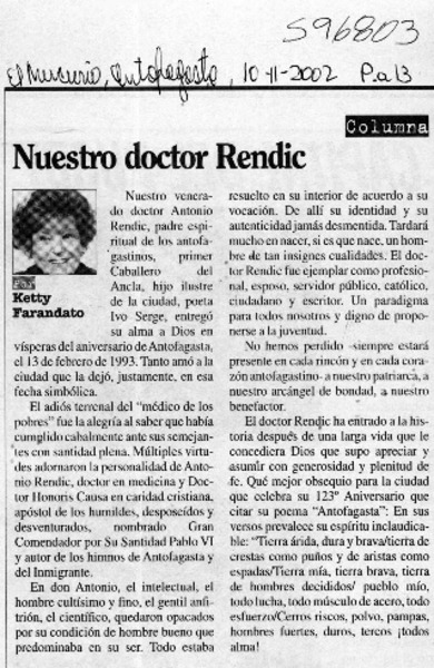 Nuestro doctor Rendic  [artículo] Ketty Farandato