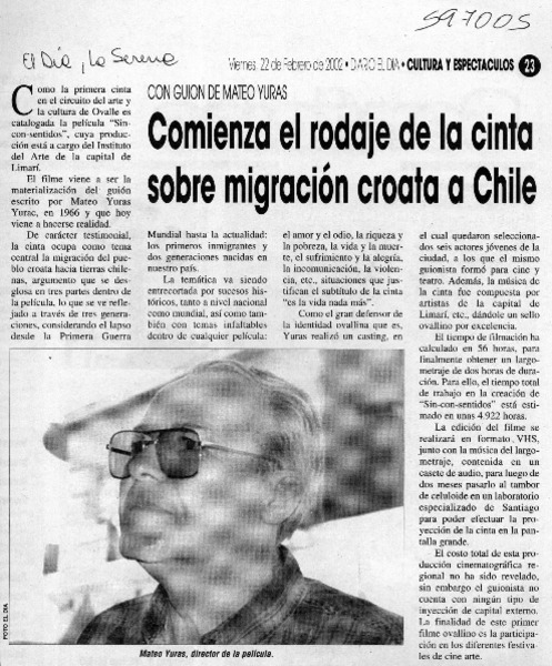 Comienza el rodaje de la cinta sobre migración croata a Chile  [artículo]