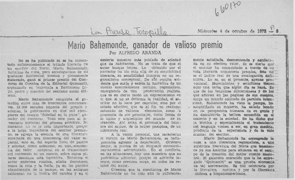 Mario Bahamonde, ganador de valioso premio  [artículo] Alfredo Aranda.