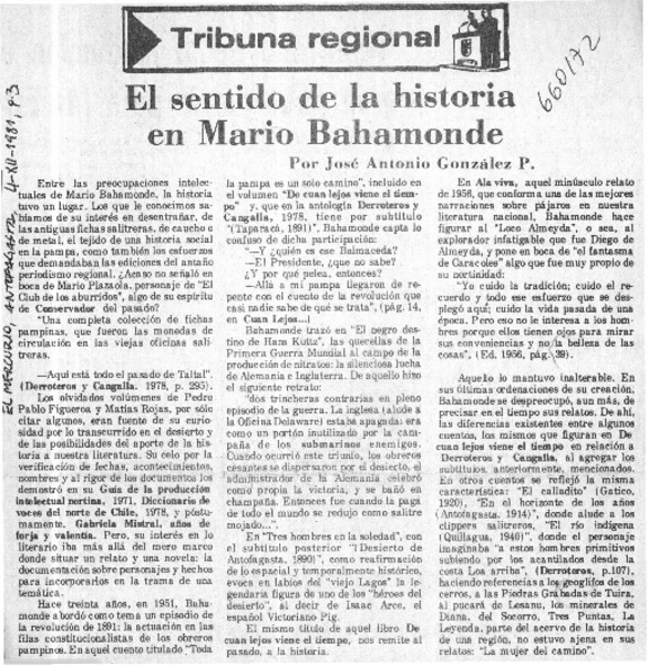 El sentido de la historia en Mario Bahamonde  [artículo] José Antonio González P.