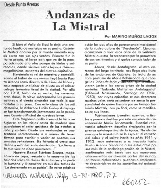 Andanzas de La Mistral  [artículo] Marino Muñoz Lagos.