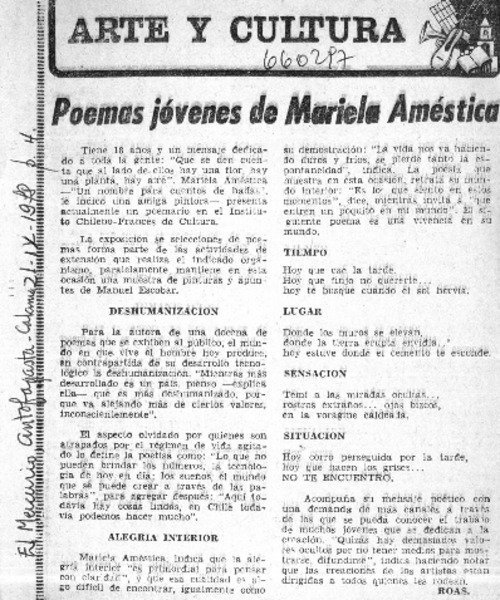 Poemas jóvenes de Mariela Améstica  [artículo] Roas.