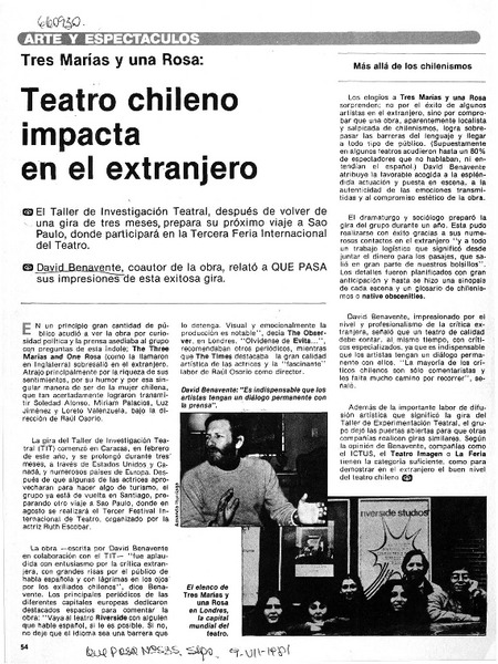 Teatro Chileno impacta en el extranjero.  [artículo]