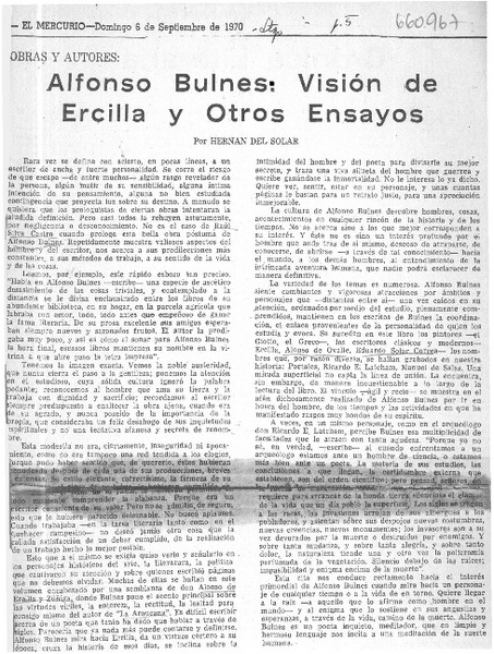 Alfonso Bulnes: visión de Ercilla y otros ensayos  [artículo] Hernán del Solar.