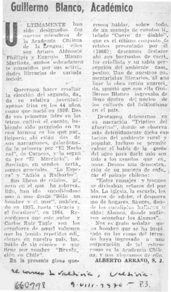 Guillermo Blanco, académico  [artículo] Alberto Arraño, S.J.