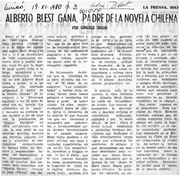 Alberto Blest Gana, padre de la novela chilena  [artículo] Gonzalo Drago.