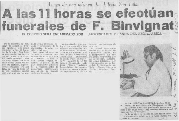 A las 11 horas se efectúan funerales de F. Binvignat.