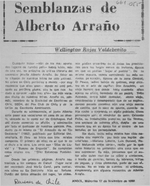 Semblanzas de Alberto Arraño  [artículo] Wellington Rojas Valdebenito.