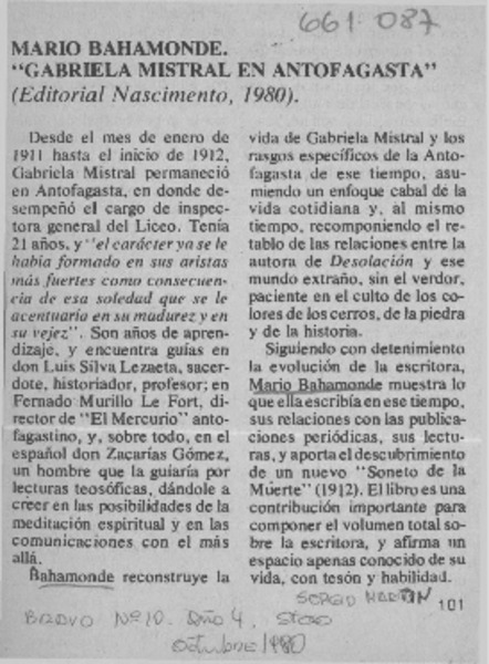 Mario Bahamonde."Gabriela Mistral en Antofagasta"  [artículo] Sergio Martin.