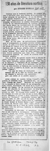 130 añosde literatura nortina  [artículo] Andrés Sabella.