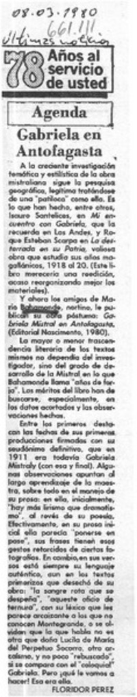 Gabriela en Antofagasta  [artículo] Floridor Pérez.