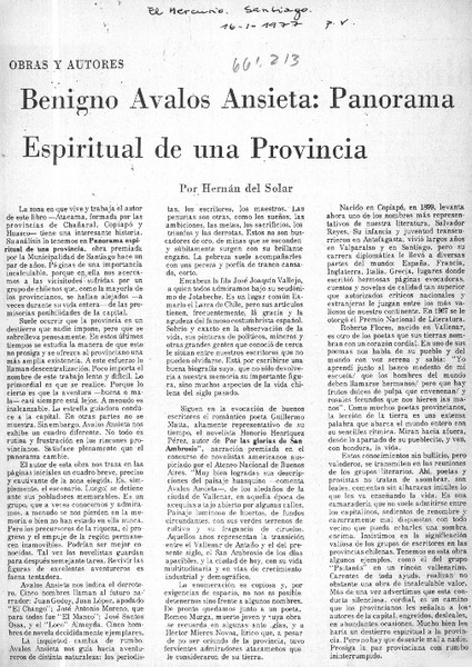 Benigno Avalos Ansieta: Panorama espiritual de una provincia  [artículo] Hernán del Solar.