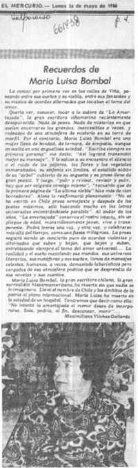Recuerdos de María Luisa Bombal  [artículo] Maximiliano Vilchez Gallardo.