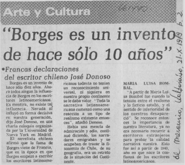 Borges es un invento de hace sólo 10 años"  [artículo] José Donoso.