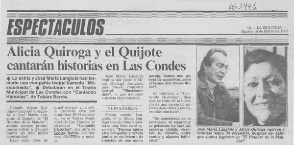 Alicia Quiroga y el Quijote cantarán historias en Las Condes.