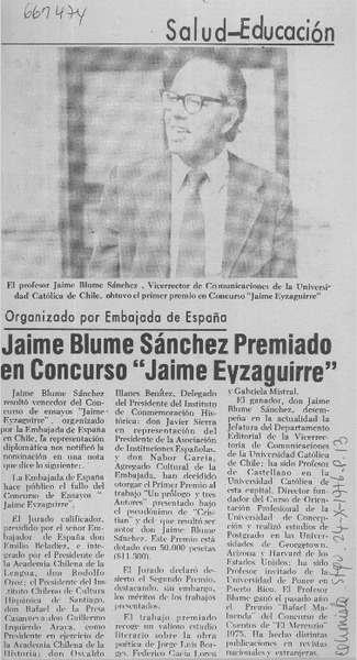 Jaime Blume Sánchez premiado en concurso "Jaime Eyzaguirre"  [artículo]
