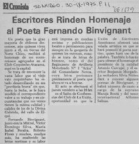 Escritores rinden homenaje al poeta Fernando Binvignat.  [artículo]
