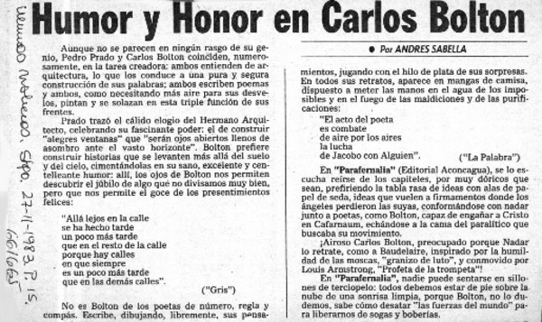 Humor y honor en Carlos Bolton  [artículo] Andrés Sabella.