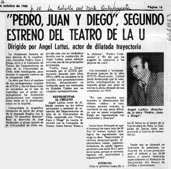 Pedro, Juan y Diego", segundo estreno del teatro de la U.  [artículo]