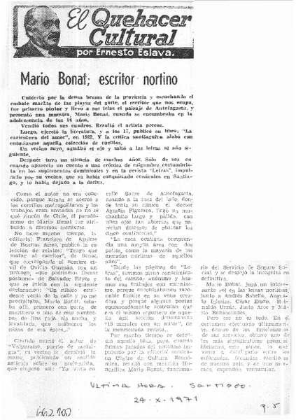 Mario Bonat; escritor nortino  [artículo] Ernesto Eslava.