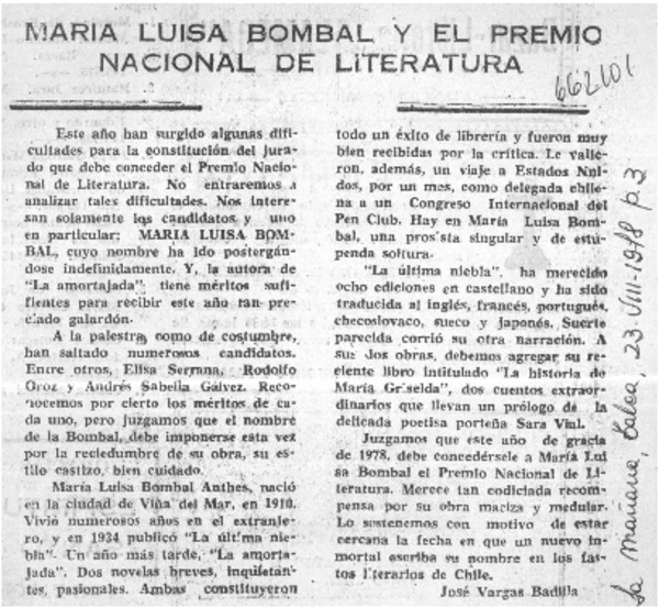 María Luisa Bombal y el Premio Nacional de Literatura.  [artículo]