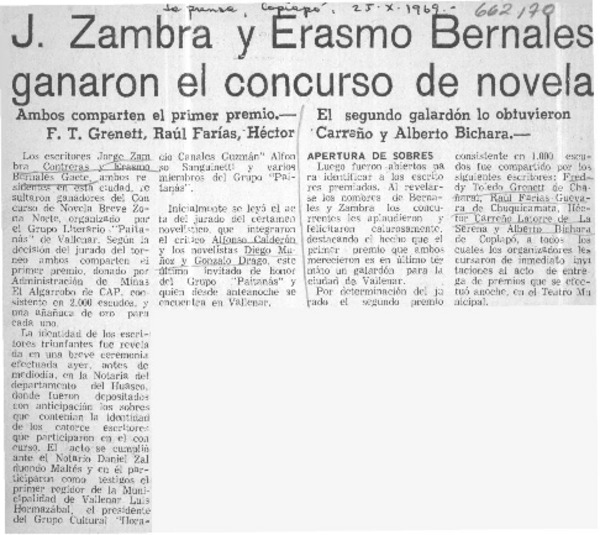 J. Zambra y Erasmo Bernales ganaron el concurso de novela.  [artículo]