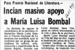 Inician masivo apoyo a María Luisa Bombal.  [artículo]