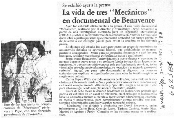 La vida de tres "Mecánicos" en documental de Benavente.  [artículo]