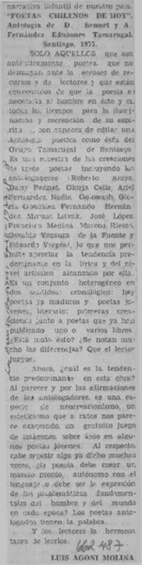 "Poetas chilenos de hoy"  [artículo] Luis Agoni Molina.