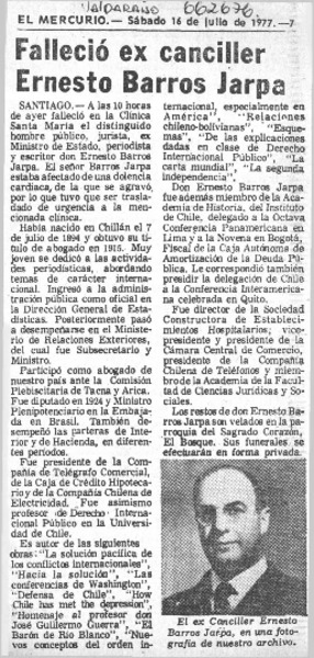 Falleció ex canciller Ernesto Barros Jarpa.  [artículo]