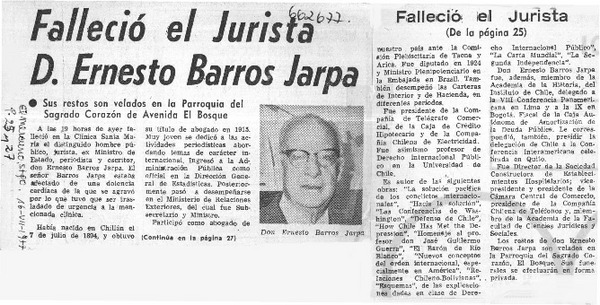 Falleció el jurista D. Ernesto Barros Jarpa.  [artículo]
