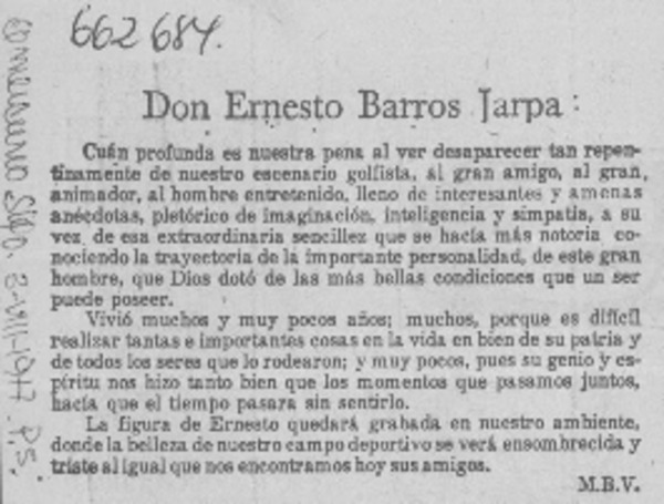 Don Ernesto Barros Jarpa  [artículo] M.B.V.