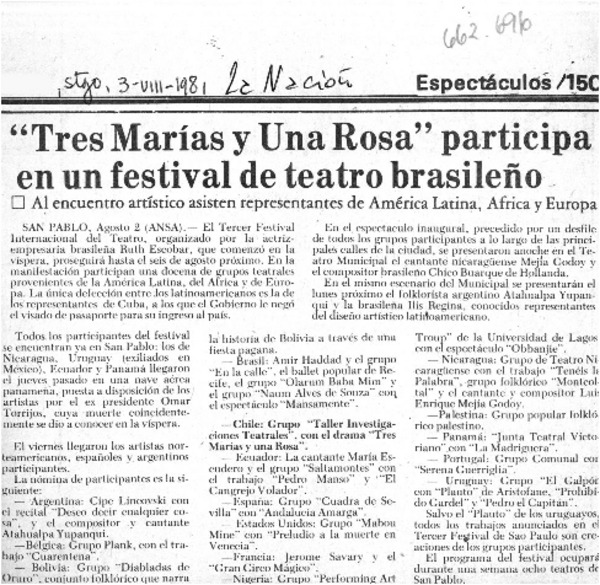 "Tres Marías y una Rosa" participa en un festival de teatro brasileño.  [artículo]