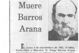 Muere Barros Arana.  [artículo]