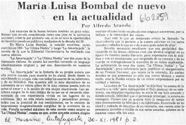 María Luisa Bombal de nuevo en la actualidad  [artículo] Alfredo Aranda.