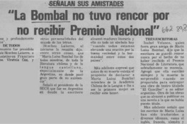 "La Bombal no tuvo rencor por no recibir Premio Nacional".  [artículo]
